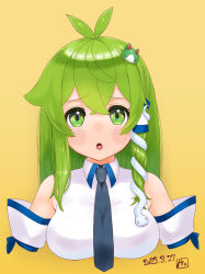 Rule 34 | 1girl, antenna hair, black necktie, blush, breasts, chestnut mouth, collared shirt, commentary request, crossed bangs, dated, detached sleeves, frog hair ornament, green eyes, green hair, hair ornament, highres, kei jiei, kochiya sanae, large breasts, long hair, looking at viewer, necktie, open mouth, shirt, sidelocks, simple background, single hair tube, sleeveless, sleeveless shirt, snake hair ornament, solo, teeth, tongue, touhou, upper body, upper teeth only, white shirt, white sleeves, yellow background