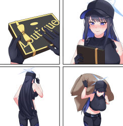 Rule 34 | 1girl, 4koma, absurdres, adjusting clothes, adjusting headwear, atsuko (blue archive), baseball cap, belt, black gloves, black hair, black pants, blue archive, blue hair, box, cameo, carrying, colored inner hair, comic, commentary request, etoast, gift, gift box, gloves, hair between eyes, halo, hat, highres, hiyori (blue archive), holding, holding sack, long hair, misaki (blue archive), multicolored hair, navel, pants, purple eyes, sack, saori (blue archive), sidelocks, silent comic, simple background, sleeveless, smile, solo, stomach, tank top, two-tone hair