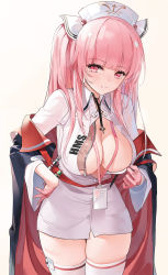 Rule 34 | 1girl, azur lane, black jacket, breasts, choker, cleavage, cowboy shot, emyo, gloves, hair ribbon, half gloves, hand on own hip, hat, highres, id card, jacket, lanyard, large breasts, long hair, long sleeves, looking at viewer, nurse, nurse cap, off shoulder, open clothes, open jacket, partially unbuttoned, perseus (azur lane), perseus (unfamiliar duties) (azur lane), pink eyes, pink gloves, pink hair, ribbon, shirt, smile, solo, thighhighs, thighs, twintails, white background, white shirt, white thighhighs, wide sleeves, wing collar, zettai ryouiki