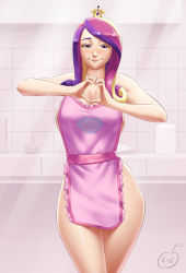 Rule 34 | 1girl, apron, bare shoulders, blush, breasts, crown, heart, heart hands, highres, jewelry, large breasts, long hair, lvl (sentrythe2310), multicolored hair, my little pony, my little pony: friendship is magic, naked apron, personification, cadance (my little pony), purple eyes, ring, smile, solo