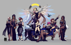 Rule 34 | 6+girls, alcohol, alternate hairstyle, ana (overwatch), black dress, black hair, black legwear, blizzard (company), blonde hair, bottle, braid, braided beard, breasts, china dress, chinese clothes, cleavage, colored skin, cup, d.va (overwatch), dark-skinned female, dark skin, dress, drinking glass, drunk, ein lee, facial hair, flexing, ice sculpture, large breasts, mechanical wings, medium breasts, mei (overwatch), mercy (overwatch), mother and daughter, multiple girls, nail polish, overwatch, overwatch 1, pharah (overwatch), purple skin, sitting, smile, symmetra (overwatch), thighhighs, tracer (overwatch), widowmaker (overwatch), wine, wine glass, wings, zarya (overwatch)