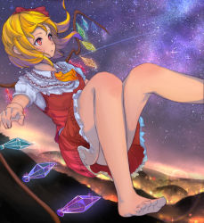 Rule 34 | 1girl, ascot, bad id, bad pixiv id, barefoot, blonde hair, bow, city lights, feet, flandre scarlet, flying, frilled skirt, frills, hill, kuuran (mmeno), looking away, midair, night, night sky, outstretched arm, red eyes, ribbon, shooting star, short hair, short sleeves, side ponytail, skirt, sky, solo, star (sky), starry sky, touhou, triangle mouth, upskirt, wings