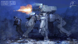 Rule 34 | army, assault rifle, cannon, commentary, concept art, drone, english commentary, english text, firing, fog, grass, gun, helmet, highres, machinery, mecha, mecha focus, mike doscher, military, military uniform, muzzle flash, original, realistic, rifle, robot, science fiction, snow, soldier, turret, uniform, walker (robot), weapon