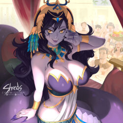 Rule 34 | 3boys, 4girls, armlet, artist name, black hair, blue gemstone, breasts, claws, colored skin, commission, crowd, egyptian clothes, facial mark, gem, gold armlet, gold bracelet, gold headwear, indie virtual youtuber, lamia, large breasts, long hair, monster girl, multiple boys, multiple girls, open mouth, purple skin, red curtains, shreds (shreds tweets), slit pupils, snake tail, tail, teeth, upper teeth only, usekh collar, vexoria the sun eater, virtual youtuber, yellow eyes