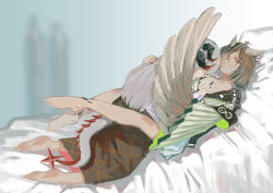 Rule 34 | 2girls, absurdres, arknights, armband, bare pectorals, bed, bed sheet, bob cut, brown hair, cloak, closed eyes, dragon tail, dress, feathered wings, feathers, feet, female focus, glasses, highres, horns, hug, leg lock, leg up, long hair, looking at viewer, multiple girls, pale skin, pectorals, pensive, reclining, rhine lab logo, sand (artist), saria (arknights), semi-rimless eyewear, silence (arknights), tail, toes, white hair, wings, yellow eyes