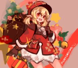 Rule 34 | 1girl, :d, ahoge, backpack, bag, bell, blonde hair, bloomers, blush, brown background, brown gloves, cabbie hat, child, christmas, christmas tree, dress, genshin impact, gloves, hair between eyes, hand up, hat, highres, index finger raised, jingle bell, klee (genshin impact), long hair, long sleeves, looking at viewer, low twintails, merry christmas, open mouth, pointy ears, red dress, red eyes, red hat, smile, solo, star (symbol), teeth, twintails, underwear, upper teeth only, white bloomers, zxny