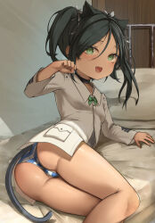 Rule 34 | 1girl, animal ears, ass, blush, breasts, cat ears, cat tail, crotch, fang, francesca lucchini, green eyes, green hair, highres, long hair, looking at viewer, military, military uniform, open mouth, panties, shiny skin, small breasts, smile, solo, strike witches, striped clothes, striped panties, tail, twintails, underwear, uniform, world witches series, xiao xiao tian