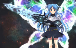 Rule 34 | 1girl, armor, belt, belt buckle, black gloves, black skirt, blue eyes, blue hair, blush, buckle, butterfly wings, chtholly nota seniorious, closed mouth, commentary request, dress, gloves, highres, holding, holding sword, holding weapon, insect wings, long hair, long sleeves, looking at viewer, nekoroberu, shuumatsu nani shitemasu ka?, simple background, skirt, smile, solo, standing, sword, two side up, very long hair, weapon, wings