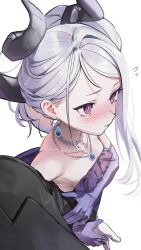 Rule 34 | bare shoulders, blue archive, blush, collarbone, dangle earrings, demon horns, dress, earrings, elbow gloves, evening gown, flying sweatdrops, gloves, grey hair, highres, hina (blue archive), hina (dress) (blue archive), holding hands, horns, jewelry, locked arms, long hair, nanaken nana, necklace, parted bangs, pendant, purple dress, purple eyes, single sidelock, strapless, strapless dress
