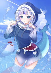 Rule 34 | 1girl, absurdres, animal hood, bloop (gawr gura), blue eyes, blue hair, blue hood, blue sky, blush, breasts, cloud, commentary, english commentary, fins, fish tail, gawr gura, highres, hololive, hololive english, hood, hood up, looking at viewer, medium hair, miteinano (mitei nano28), multicolored hair, open mouth, shark girl, shark hood, shark tail, sharp teeth, sky, small breasts, streaked hair, tail, teeth, virtual youtuber, wading, water, white hair