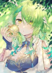 Rule 34 | 1girl, amulet, antlers, apple, braid, braided bangs, branch, breasts, ceres fauna, cleavage, flower, food, french braid, fruit, golden apple, green hair, green nails, hair flower, hair ornament, hair over one eye, highres, hololive, hololive english, horns, leaf, medium breasts, mole, mole under eye, nail polish, ribbon, single braid, solo, upper body, virtual youtuber, wenz, yellow eyes