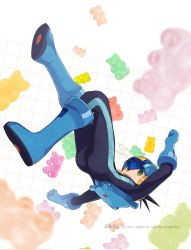 Rule 34 | 1boy, :d, artist name, ass, black bodysuit, black hair, blue footwear, blue headwear, bodysuit, boots, candy, commentary request, english text, falling, food, full body, green eyes, gummy bear, happy, helmet, highres, male focus, mega man (series), mega man battle network, mega man battle network (series), megaman.exe, netnavi, open mouth, short hair, smile, solo, spiked hair, teeth, tok nuts, upper teeth only, watermark, white background