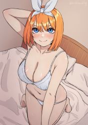 Rule 34 | 1girl, absurdres, arm behind head, bare legs, barefoot, bed, bed sheet, blue eyes, blush, bra, breasts, cleavage, closed mouth, collarbone, commission, from above, go-toubun no hanayome, hair ribbon, highres, irarei (araisanblog), kneeling, large breasts, looking at viewer, midriff, mole, mole on breast, nakano yotsuba, navel, orange hair, panties, pixiv commission, ribbon, shiny skin, short hair, smile, solo, stomach, twitter username, underwear, underwear only, white bra, white panties, white ribbon