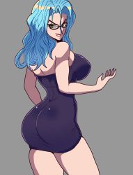 Rule 34 | 1girl, absurdres, alternate costume, anguriask, ass, bare shoulders, blue hair, breasts, curvy, dress, evil grin, evil smile, female focus, glasses, green eyes, grin, highres, huge ass, large breasts, lipstick, long hair, looking at viewer, makeup, multiple views, one-punch man, pale skin, psykos, smile, solo, standing, teasing, thick thighs, thighs, turnaround