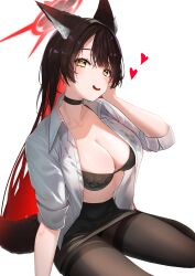 Rule 34 | 1girl, absurdres, animal ear fluff, animal ears, black bra, black choker, black hair, black panties, blue archive, blush, bra, breasts, choker, eix2, fox ears, fox girl, fox tail, heart, heart-shaped pupils, highres, large breasts, long hair, looking at viewer, open clothes, open mouth, open shirt, panties, panties under pantyhose, pantyhose, shirt, simple background, sitting, smile, solo, symbol-shaped pupils, tail, thighband pantyhose, underwear, very long hair, wakamo (blue archive), white background, white shirt, yellow eyes