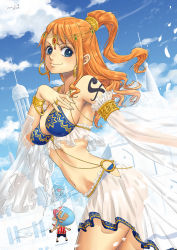 Rule 34 | 1girl, 2boys, alsea, arabian clothes, bangle, belly dancer, blue eyes, bracelet, breasts, cleavage, dancer, earrings, ghost, harem outfit, headdress, hoop earrings, jewelry, long hair, medium breasts, multiple boys, nami (one piece), navel, one piece, ring, sanji (one piece), see-through, sideboob, smile, solo focus, tattoo, tony tony chopper
