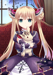 Rule 34 | 1girl, :o, animal, bare tree, bat (animal), blonde hair, blue sky, bow, commentary request, day, double bun, dress, full moon, gold trim, green eyes, hair between eyes, hair bow, hair bun, indoors, juliet sleeves, long hair, long sleeves, looking at viewer, luna (shadowverse), moon, neu (frameice), hugging object, parted lips, puffy sleeves, purple dress, red bow, shadowverse, side bun, sidelocks, sky, solo, stuffed animal, stuffed toy, tree, twintails, very long hair, window