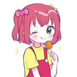 Rule 34 | 1girl, :q, ;q, blush stickers, candy, candy hair ornament, flat color, food, food-themed hair ornament, hair ornament, highres, holding, holding candy, holding food, holding lollipop, kurosawa ruby, lollipop, looking at viewer, love live!, love live! school idol festival, love live! sunshine!!, one eye closed, overalls, red overalls, shirt, short hair, short sleeves, simple background, smile, solo, sparkle, tongue, tongue out, two side up, white background, yashino 84, yellow shirt