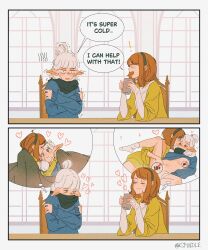 2koma asimov_(spindle_(aidenr0)) comic cup fingering holding holding_cup imagining original ottilie_(spindle_(aidenr0)) pointy_ears scarf sitting spindle_(aidenr0) sweater yuri