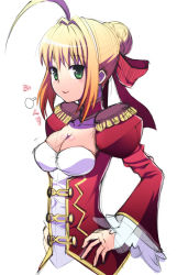 Rule 34 | 10s, 1girl, ahoge, blonde hair, breasts, cleavage, dress, epaulettes, fate/extra, fate (series), green eyes, hair ribbon, hands on own hips, nero claudius (fate), nero claudius (fate), nero claudius (fate/extra), ookami maito, ribbon, smile, solo