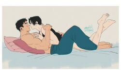 Rule 34 | 2boys, aqua pants, artist name, bara, bed, black hair, blush, closed mouth, couple, jewelry, kashikahaya, large pectorals, looking at another, lying, male focus, multiple boys, muscular, muscular male, on back, on bed, original, pants, pectorals, ring, short hair, smile, topless male, yaoi
