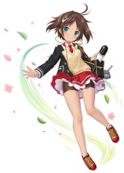 Rule 34 | 1girl, azur lane, bare legs, blue eyes, blush, brown hair, cardigan, closed mouth, full body, hair ornament, le mars (azur lane), le mars (ecoliere heureuse) (azur lane), looking at viewer, necktie, official alternate costume, official art, red footwear, red necktie, red skirt, school uniform, shoes, short hair, skirt, smile, sneakers, solo, torpedo, transparent background, yano mitsuki (nanairo)