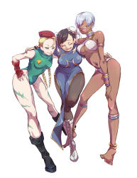 Rule 34 | 3girls, ahoge, anklet, antenna hair, arm around shoulder, arm around waist, armlet, bare legs, barefoot, beret, bikini, black hair, black legwear, blonde hair, blue eyes, boots, braid, breasts, bun cover, cammy white, camouflage, capcom, china dress, chinese clothes, chun-li, combat boots, cross-laced footwear, dark-skinned female, dark skin, double bun, dress, earrings, elena (street fighter), hair bun, hand on own hip, happy, hat, jewelry, knee boots, lace-up boots, large breasts, leotard, long hair, long legs, multiple girls, navel, neck ring, pantyhose, pelvic curtain, short hair, smile, street fighter, street fighter iii (series), swimsuit, turatura, twin braids, underboob, white background, white hair
