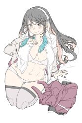 Rule 34 | 1girl, black hair, blush, bra, breasts, dress, fang, grey jacket, grey thighhighs, hand on own chest, highres, huge breasts, jacket, jewelry, kantai collection, linea alba, long hair, long sleeves, looking at viewer, muted color, naganami (kancolle), open clothes, open shirt, oso (toolate), panties, pink bra, pink hair, pink panties, ring, shirt, simple background, sitting, skin fang, solo, thigh gap, thighhighs, underwear, unworn dress, very long hair, wavy hair, wedding ring, white background, white shirt, yellow eyes