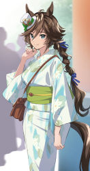 Rule 34 | 1girl, ahoge, alternate costume, alternate hairstyle, animal ears, bag, braid, braided ponytail, breasts, brown hair, closed mouth, feet out of frame, floral print, green eyes, hair ornament, hairclip, hand up, handbag, hat, highres, horse ears, horse girl, horse tail, japanese clothes, kimono, long hair, long sleeves, looking at viewer, mini hat, mini top hat, misu kasumi, mr. c.b. (umamusume), obi, sash, shoulder bag, silhouette, small breasts, smile, solo, standing, tail, top hat, umamusume, white kimono, yukata