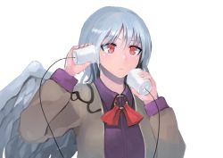 Rule 34 | 1girl, bad id, bad twitter id, blush, brooch, cup, disposable cup, dress, feathered wings, grey jacket, hands up, holding, holding cup, ichiba youichi, jacket, jewelry, kishin sagume, long sleeves, neck ribbon, purple dress, red eyes, red ribbon, ribbon, short hair, silver hair, simple background, single wing, solo, string, string phone, touhou, upper body, white background, white wings, wings