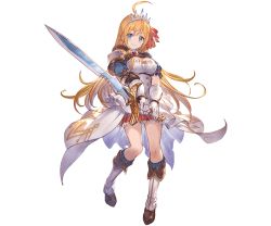 Rule 34 | 1girl, ahoge, bite mark, blonde hair, blue eyes, breasts, cleavage, full body, granblue fantasy, holding, holding sword, holding weapon, long hair, looking at viewer, medium breasts, official art, pecorine (princess connect!), princess connect!, simple background, smile, solo, standing, sword, transparent background, weapon