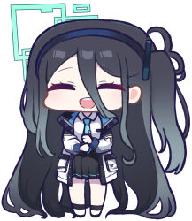 Rule 34 | 1girl, :d, ^ ^, absurdres, aris (blue archive), black hair, black hairband, black skirt, black socks, blue archive, blue necktie, chibi, closed eyes, collared shirt, facing viewer, full body, hair between eyes, hairband, halo, highres, jacket, long hair, long sleeves, necktie, one side up, open clothes, open jacket, open mouth, panatisia, pleated skirt, puffy long sleeves, puffy sleeves, round teeth, shirt, shoes, simple background, skirt, smile, socks, solo, standing, teeth, upper teeth only, very long hair, white background, white footwear, white jacket, white shirt