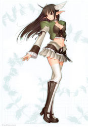 Rule 34 | 1girl, absurdres, boots, breasts, brown eyes, brown hair, cleavage, elf, head wings, highres, legs, long hair, midriff, miniskirt, pointy ears, sega, shining (series), shining wind, skirt, solo, thighhighs, tony taka, white thighhighs, wings, xecty ein, zettai ryouiki