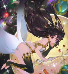 Rule 34 | 1girl, armlet, ass, asymmetrical legwear, bare arms, bare legs, bare shoulders, barefoot, bent over, black detached sleeves, black hair, black ribbon, black thighhighs, clenched hand, crown, detached sleeves, earrings, elbow gloves, fate/grand order, fate (series), feet, female focus, floating hair, flying, from side, full body, gem, gloves, hair ribbon, head rest, holding, holding weapon, hoop earrings, ishtar (fate), jewelry, legs, light smile, long hair, looking at viewer, namie-kun, neck, neck ring, panties, planet, red eyes, revealing clothes, ribbon, single glove, single sleeve, single thighhigh, sky, smile, solo, space, sparkle, star (sky), starry sky, strapless, thighhighs, thighlet, toeless legwear, toes, tohsaka rin, two side up, type-moon, underwear, uneven legwear, very long hair, weapon, white panties