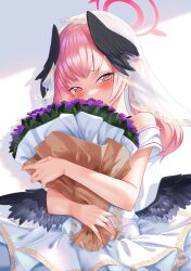 Rule 34 | 1girl, absurdres, alternate costume, apple t (ringotyasan), black choker, black wings, blue archive, blush, bouquet, bridal veil, choker, commentary request, covering own mouth, detached sleeves, dress, embarrassed, feathered wings, flower, frilled dress, frills, hair between eyes, halo, head tilt, head wings, highres, holding, holding bouquet, hugging object, koharu (blue archive), long hair, looking at viewer, pink eyes, pink hair, short sleeves, sidelocks, simple background, solo, twintails, veil, wedding dress, white background, white dress, wings