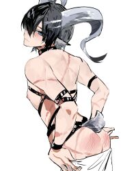Rule 34 | 1boy, animal ears, arknights, ass, bdsm, black hair, blue eyes, blush, bondage, bound, butt crack, closed mouth, from behind, goat boy, goat ears, goat horns, goat tail, hair between eyes, half-closed eyes, highres, horns, keropi, lessing (arknights), looking at viewer, male focus, nipples, nude, o-ring strap, short hair, sketch, slap mark, solo, toned, toned male, upper body, white background