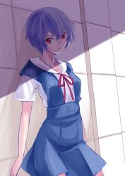 Rule 34 | 1girl, ayanami rei, blue hair, bow, bowtie, chio kitsune, highres, leaning back, looking at viewer, neon genesis evangelion, red eyes, school uniform, seno kitsune, shaded face, shadow, short hair, solo, wall