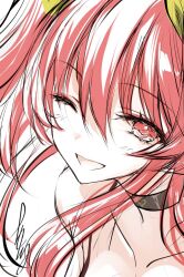 Rule 34 | 1girl, bare shoulders, black choker, breasts, choker, collarbone, commentary request, hair between eyes, hair ribbon, head tilt, long hair, looking at viewer, official art, one eye closed, open mouth, rakudai kishi no cavalry, red eyes, red hair, ribbon, sidelocks, signature, simple background, sketch, smile, solo, stella vermillion, white background, won (az hybrid), yellow ribbon