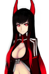 Rule 34 | 10s, 1girl, black gold saw, black hair, black rock shooter, breasts, cleavage, cleavage cutout, clothing cutout, highres, horns, kumiko shiba, large breasts, long hair, multicolored hair, navel, red eyes, red hair, ringed eyes, smile, solo, two-tone hair