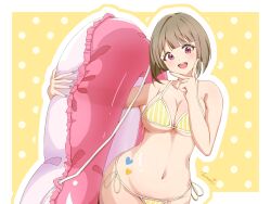 Rule 34 | 1girl, alternate breast size, bikini, border, breasts, cleavage, commentary request, grey hair, groin, hand on own chin, hand up, heart stickers, highres, holding, holding swim ring, innertube, looking at viewer, love live!, love live! nijigasaki high school idol club, luozomi, medium breasts, nakasu kasumi, navel, open mouth, outline, outside border, polka dot, polka dot background, red eyes, short hair, solo, standing, stomach, swim ring, swimsuit, teeth, upper body, upper teeth only, v, white border, yellow background, yellow bikini