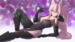 Rule 34 | 1girl, animal ear fluff, animal ears, black bodysuit, black footwear, black gloves, blush, bodysuit, boots, bow, breasts, center opening, choker, cleavage, elbow gloves, fate/grand order, fate (series), fox ears, fox girl, fox shadow puppet, fox tail, glasses, gloves, hair between eyes, hair bow, highres, hip vent, knee boots, knee up, koyanskaya (assassin) (first ascension) (fate), koyanskaya (fate), large breasts, leaning back, long hair, looking at viewer, pham thai chau, pink bow, pink hair, ponytail, sidelocks, smile, solo, tail, tamamo (fate), thighs, yellow eyes