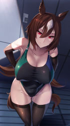 Rule 34 | 1girl, absurdres, animal ears, arms behind back, bare shoulders, big shine, black gloves, black one-piece swimsuit, black thighhighs, breasts, brown hair, cleavage, closed mouth, collarbone, competition swimsuit, covered erect nipples, covered navel, elbow gloves, gloves, highres, horse ears, horse girl, horse tail, large breasts, long hair, looking at viewer, multicolored hair, one-piece swimsuit, red eyes, sirius symboli (umamusume), smile, solo, standing, swimsuit, tail, thighhighs, thighs, umamusume, white hair