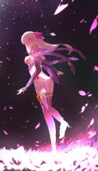 Rule 34 | 1girl, absurdres, armor, ass, back, bikini armor, breasts, closed mouth, detached sleeves, dress, earrings, fate/grand order, fate (series), field, flower, flower field, hair ribbon, highres, jewelry, kama (fate), kama (second ascension) (fate), kuronoiparoma, large breasts, legs, long hair, looking at viewer, looking back, lotus, night, night sky, petals, pink ribbon, purple dress, purple sleeves, purple thighhighs, red eyes, ribbon, sandals, silver hair, sky, solo, star (sky), starry sky, thigh strap, thighhighs, thighlet