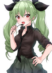 Rule 34 | 1girl, absurdres, airi (akamichiaika), anchovy (girls und panzer), anzio military uniform, black necktie, black ribbon, black shirt, blouse, clothes around waist, commentary, dress shirt, drill hair, girls und panzer, green hair, grey jacket, grey pants, hair ribbon, hand on own hip, highres, holding, jacket, jacket around waist, long hair, looking at viewer, loose necktie, military, military uniform, necktie, open collar, open mouth, pants, red eyes, ribbon, riding crop, shirt, sleeves rolled up, smile, solo, standing, twin drills, twintails, uniform, wing collar
