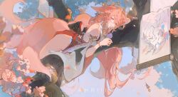Rule 34 | 1girl, absurdres, ahriii, animal ears, artist name, bare shoulders, blue sky, bracelet, branch, cherry blossoms, closed mouth, cropped, detached sleeves, drop earrings, earrings, falling petals, floppy ears, flower, fox, fox ears, fox girl, fox tail, full body, genshin impact, hair between eyes, hakama, hakama short skirt, hakama skirt, highres, japanese clothes, jewelry, long hair, long sleeves, looking at viewer, lying, lying on branch, messy hair, multiple tails, nail polish, non-web source, nontraditional miko, obiage, obijime, on tree, petals, pink flower, pink hair, pink nails, pink tail, purple eyes, red hakama, red skirt, scroll, side slit, sidelocks, skirt, sky, smile, solo, tail, third-party edit, very long hair, wide sleeves, yae miko