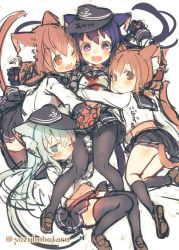 Rule 34 | 10s, 4girls, :d, ;), ;d, akatsuki (kancolle), anchor symbol, animal ears, animal hands, artist name, black hair, black legwear, blue eyes, blush, brown eyes, brown hair, cat ears, cat tail, fang, folded ponytail, girl sandwich, gloves, hair ornament, hairclip, hat, hibiki (kancolle), ikazuchi (kancolle), inazuma (kancolle), kantai collection, kemonomimi mode, loafers, long hair, multiple girls, neckerchief, one eye closed, open mouth, pantyhose, paw gloves, sandwiched, school uniform, serafuku, shoes, short hair, simple background, sketch, skirt, smile, socks, suzuho hotaru, tail, thighhighs, twitter username, white hair