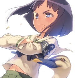 Rule 34 | &gt;:(, 10s, 1girl, animal, armband, beak, bird, black neckerchief, blue eyes, blurry, blush, brown hair, closed mouth, clothes writing, collarbone, cross, crossed arms, depth of field, duck, dutch angle, from below, frown, girls und panzer, green skirt, long sleeves, navel, neckerchief, ooarai school uniform, pairan, pleated skirt, school uniform, serious, shirt, short hair, simple background, skirt, solo, sono midoriko, thick eyebrows, upper body, v-shaped eyebrows, white background, white shirt