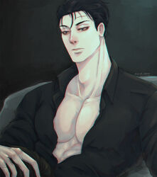 Rule 34 | 2boys, absurdres, black hair, black shirt, blue eyes, brown hair, fellatio, grey background, highres, implied fellatio, jin cheong-woo, large pectorals, looking at viewer, male focus, matthew raynor, multiple boys, open clothes, open shirt, oral, pearl mkmm, pectorals, scar, scar on face, scar on forehead, shirt, short hair, sitting, under the greenlight, yaoi