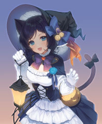 Rule 34 | 1girl, :d, a20 (atsumaru), aiba uiha, animal ears, basket, bell, black capelet, black hair, black hat, black ribbon, blue bow, blue eyes, blue flower, blue rose, bow, bowtie, braid, braided bangs, breasts, capelet, cat ears, cat girl, cat tail, commentary request, corset, dress, fang, flower, french braid, frilled dress, frilled sleeves, frills, gradient background, halloween, hat, hat bow, heart, highres, holding, holding lantern, jack-o&#039;-lantern, jingle bell, lantern, layered dress, leaning forward, long sleeves, looking at viewer, medium breasts, nijisanji, open mouth, parted bangs, puffy long sleeves, puffy sleeves, pumpkin, purple bow, purple bowtie, ribbon, rose, short hair, smile, solo, tail, tail ornament, tail ribbon, tareme, virtual youtuber, white dress, witch hat