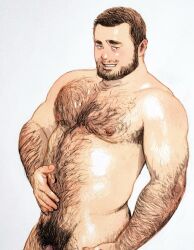 Rule 34 | 1boy, abs, absurdres, arm hair, armpit hair, armpit hair peek, bara, beard, belly, bota86mochi, chest hair, completely nude, facial hair, feeling body hair, hairy, highres, large pectorals, leg hair, looking at viewer, male focus, mature male, muscular, muscular male, mustache stubble, navel, navel hair, nipples, nude, original, out-of-frame censoring, pectorals, penis, penis out of frame, seductive smile, short hair, smile, solo, stomach, stubble, thick eyebrows